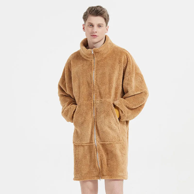 Men's camel polar fleece zipper cardigan nightgown with long sleeves and round neck on a plain background