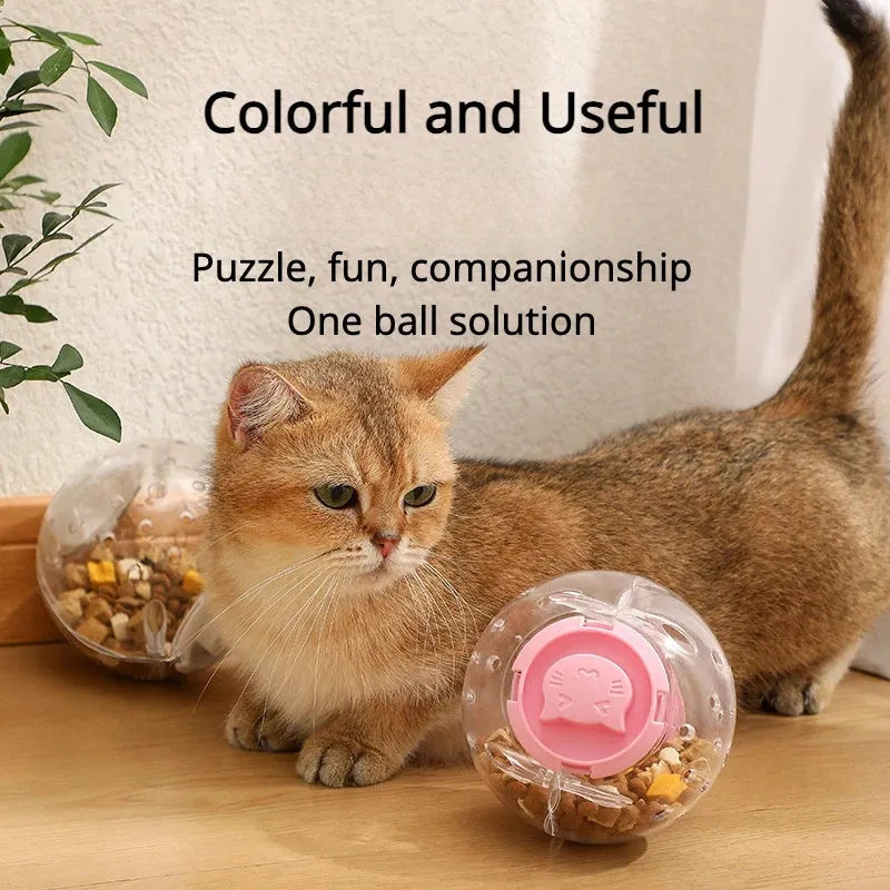 Clear blue slow feed ball for dogs and cats with small openings for treat dispensing