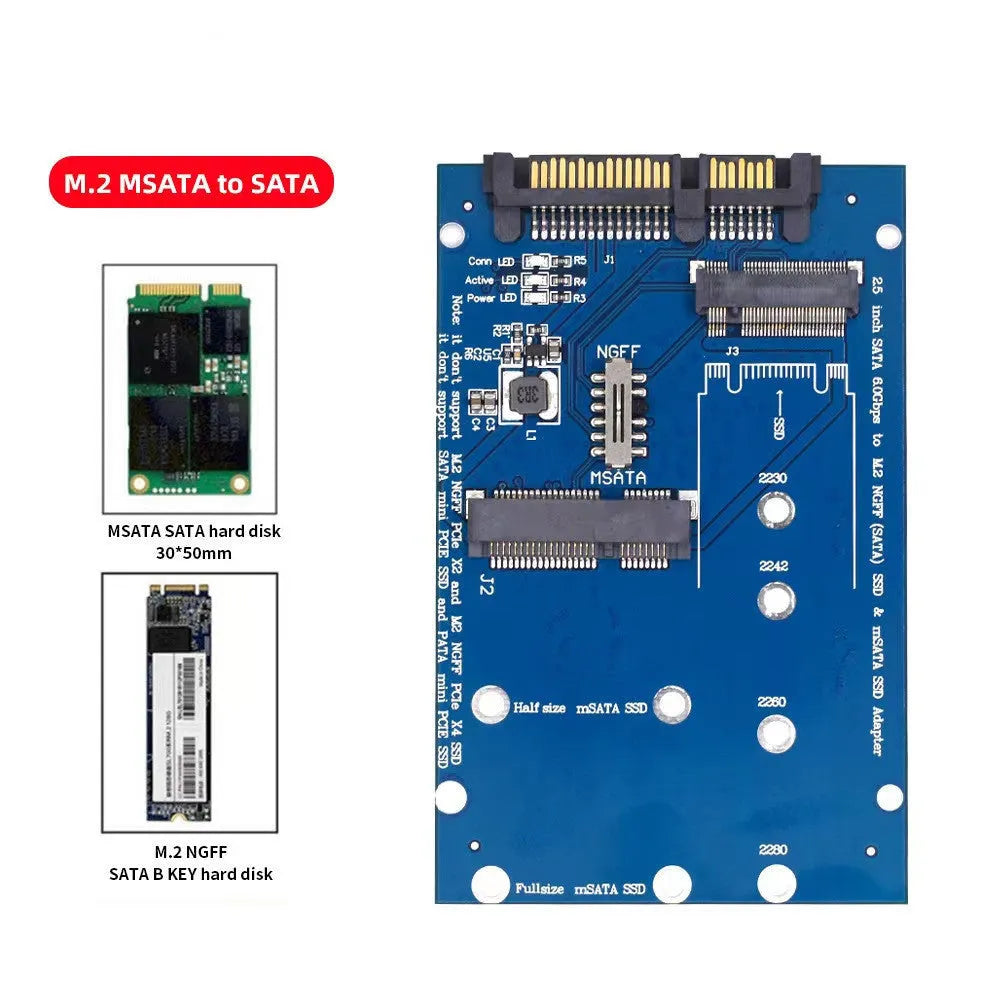 SATA3 to M.2 NGFF and mSATA SSD interface conversion adapter card on blue or black PCB