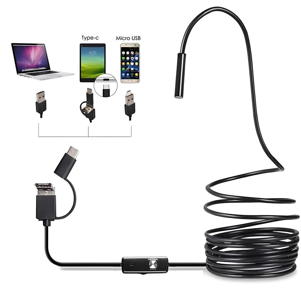 USB-C Android phone endoscope with flexible cable, IP67 waterproof camera probe, and side mirror, hook, and magnet attachments.