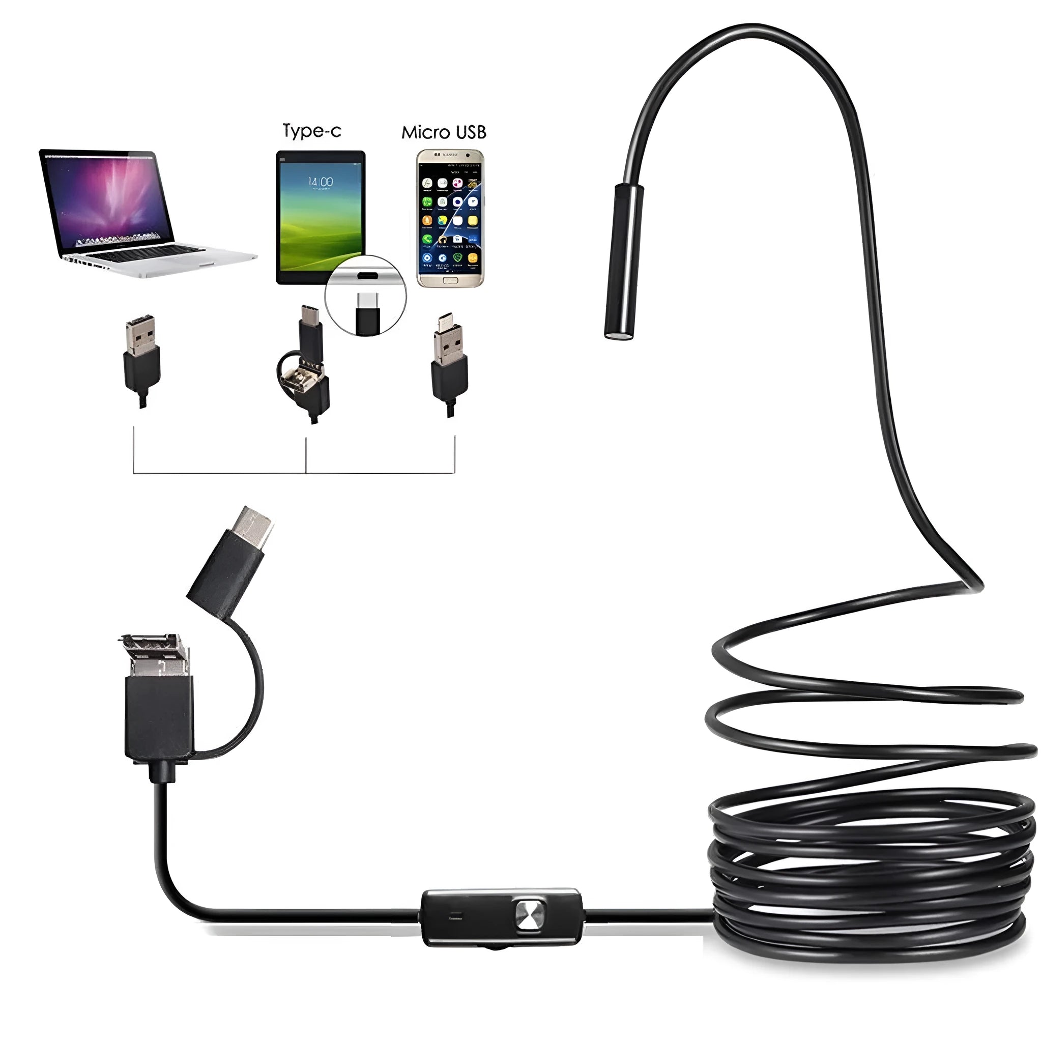 USB-C Android phone endoscope with flexible cable, IP67 waterproof camera probe, and side mirror, hook, and magnet attachments.
