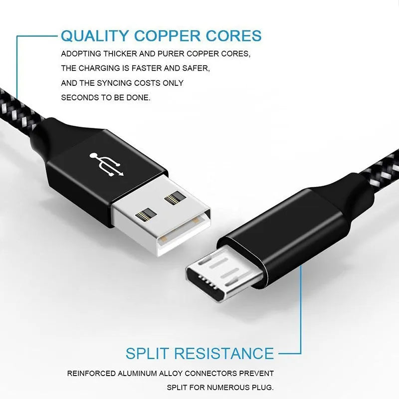 Braided Micro USB fast charging cable for Android phones in multiple colours and lengths
