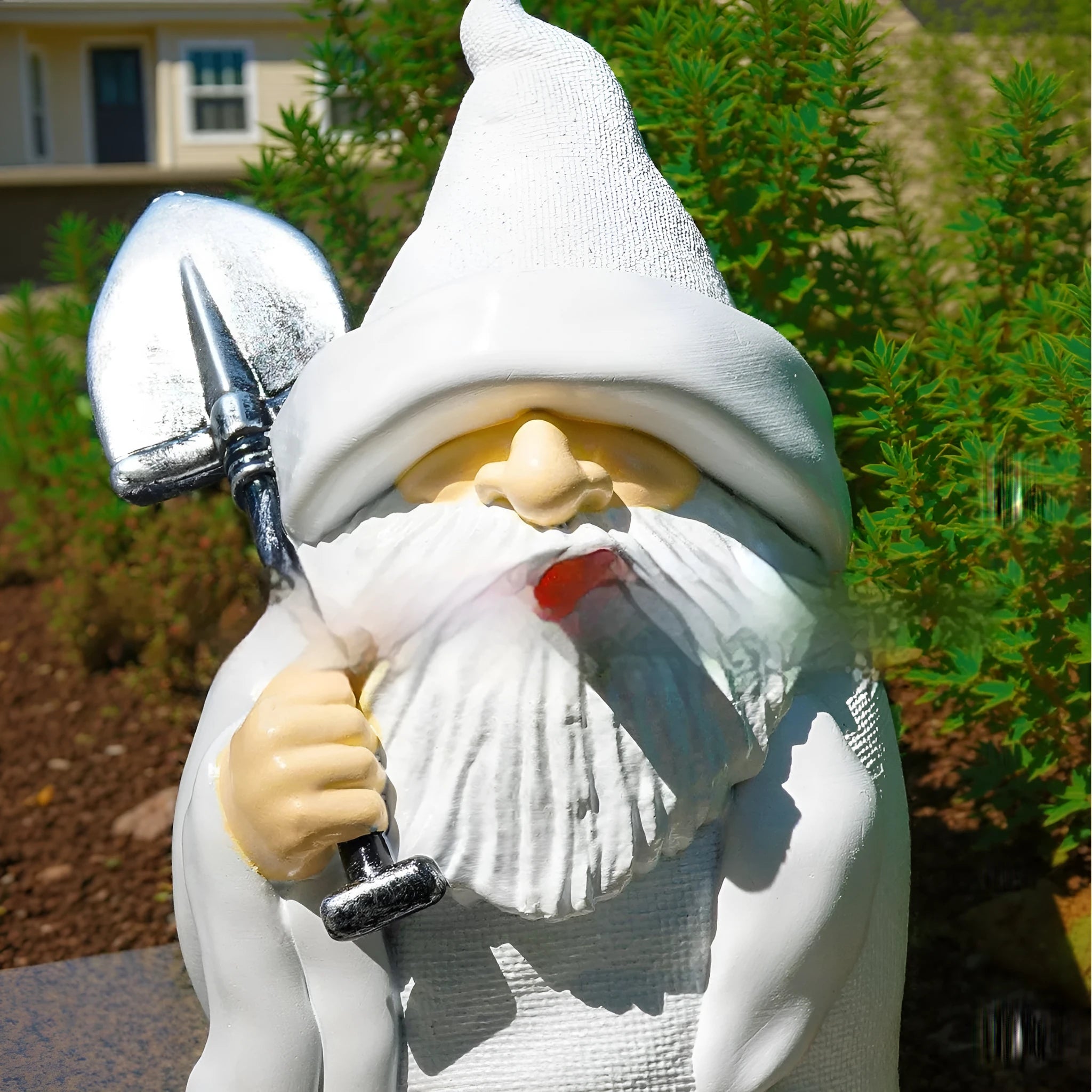 Christmas resin ornament of a dwarf holding a smoking shovel for garden and table decoration
