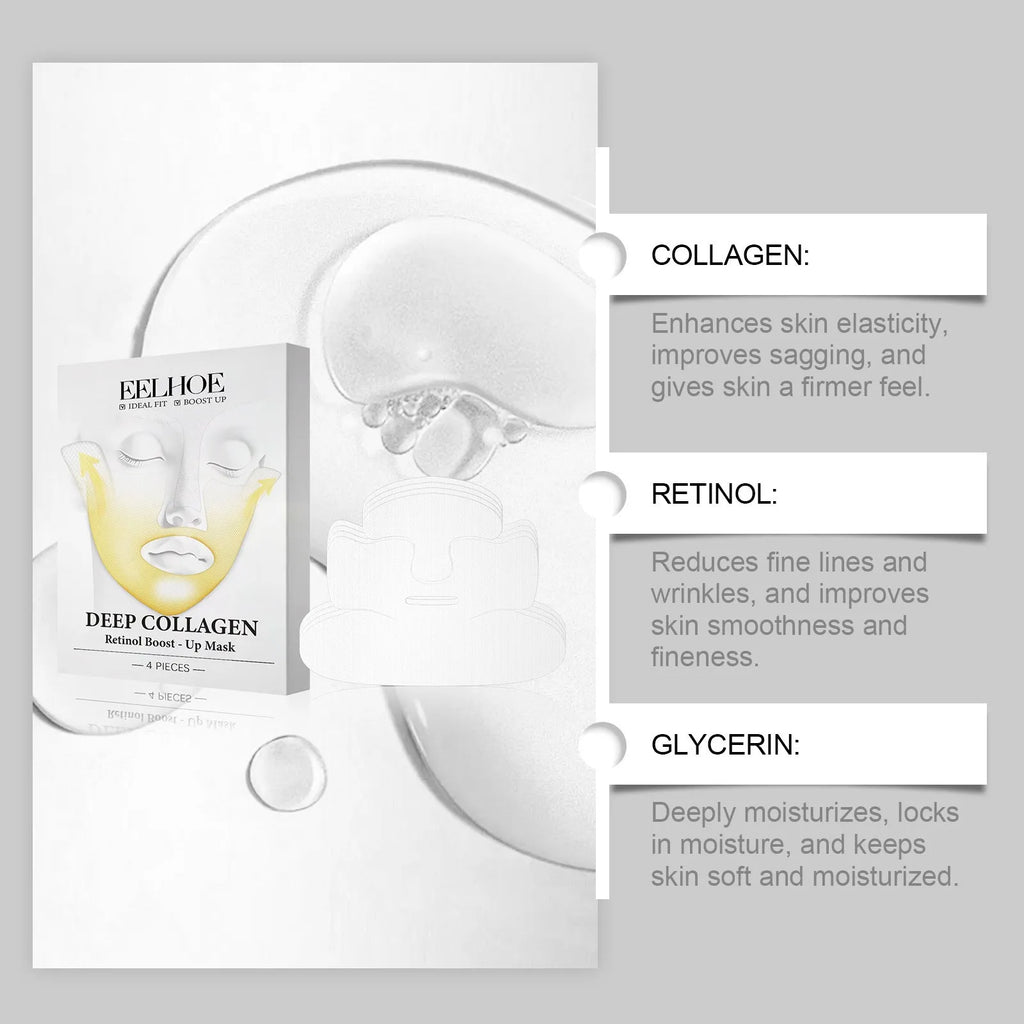 Collagen tightening facial mask pack containing four pieces measuring 23.5cm by 16.8cm