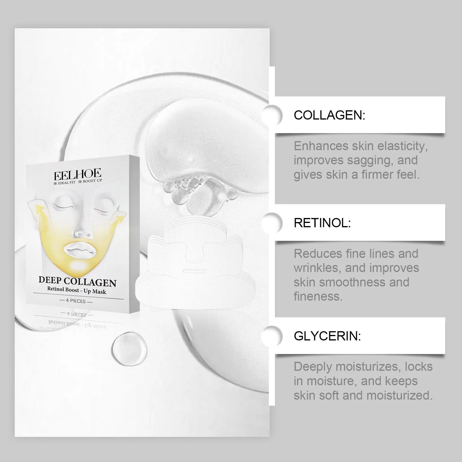 Collagen tightening facial mask pack containing four pieces measuring 23.5cm by 16.8cm