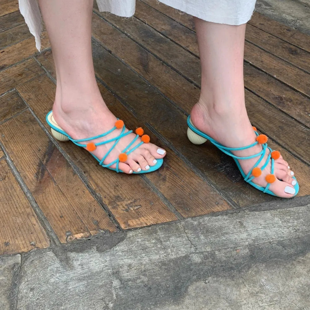 Cyan genuine leather lace-up high-heeled sandals with thin straps and open toe