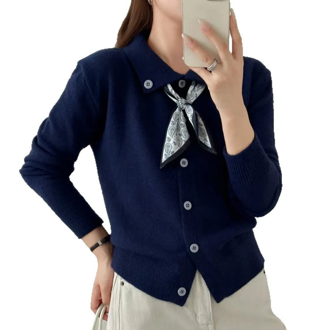 Lapel scarf cardigan sweater in acrylic fibre, shown in milky white colour.
