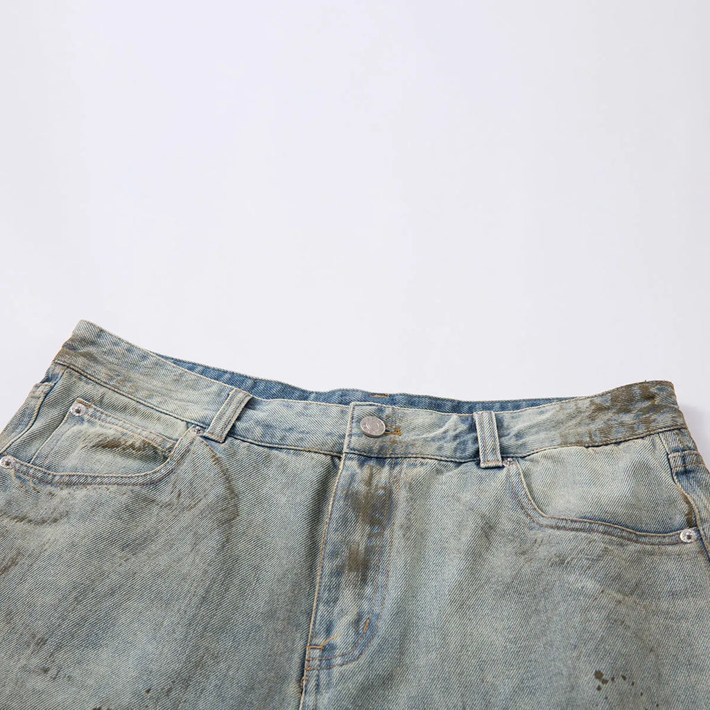 Straight-leg cropped denim jeans in washed blue colour with zipper fly