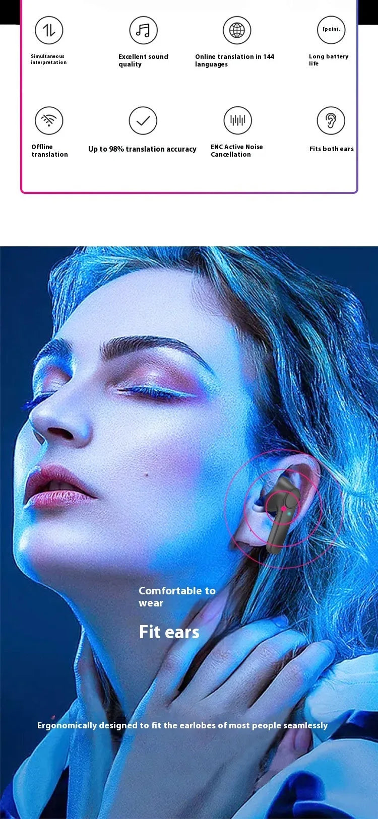 Wireless Bluetooth-compatible translation headphones in black, portable in-ear design with touch control