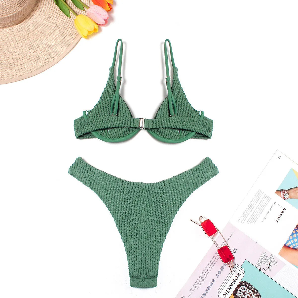 Green women's bikini swimsuit with ruffle detail and split-style briefs