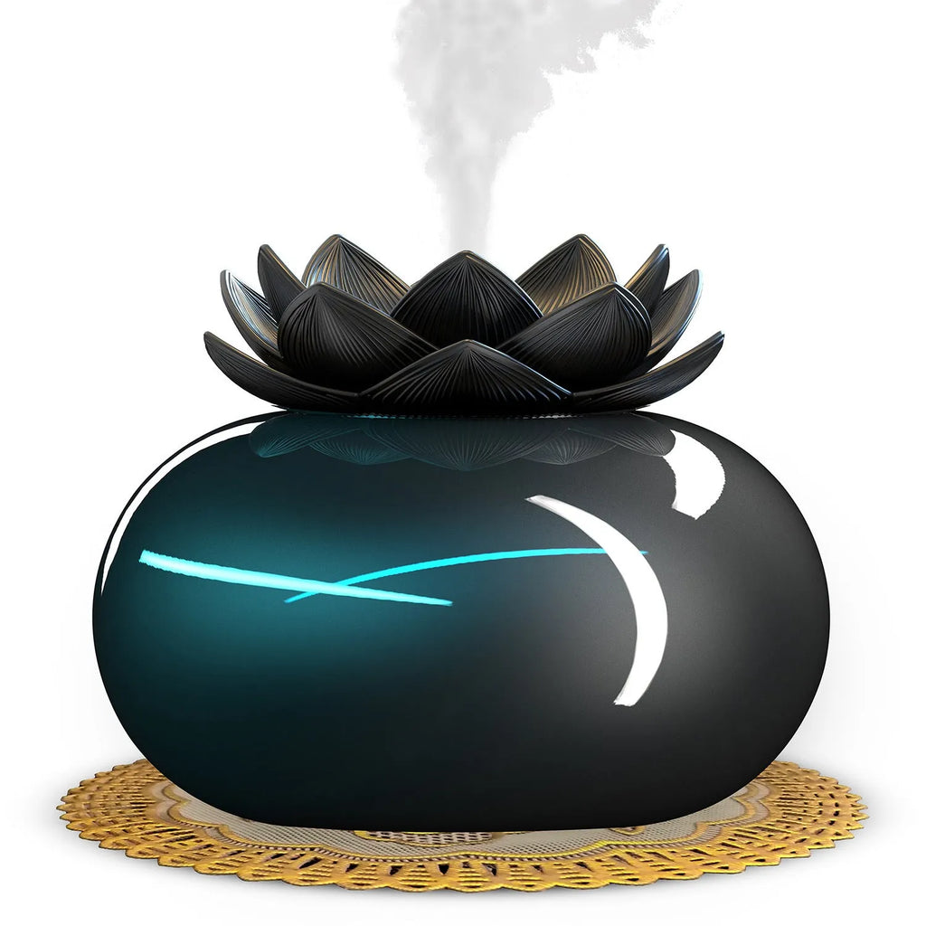 Pure black lotus-shaped aromatherapy humidifier with USB cable and single vapour outlet