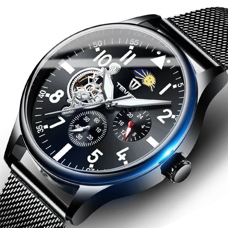 Black men's mechanical watch with luminous hands, moon phase display on a 41mm alloy case.
