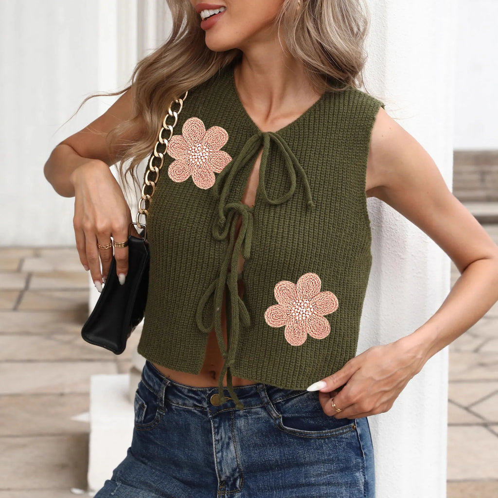 Ladies' sleeveless lace-up cardigan vest in deer plush polyester with flower pattern and bow detail