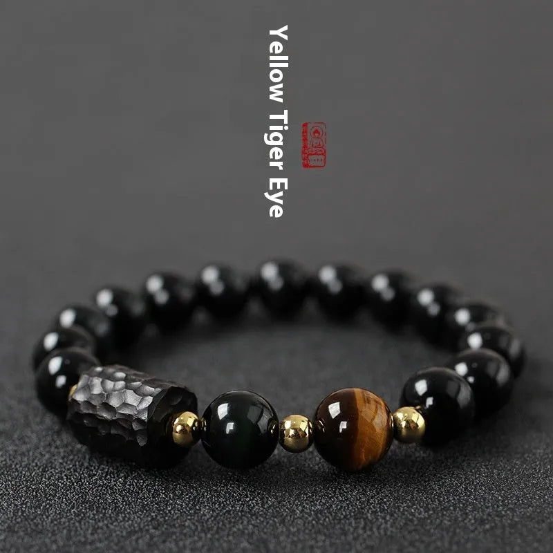 Obsidian bracelet with tiger eye beads in manual craftsmanship 10mm retro circle design