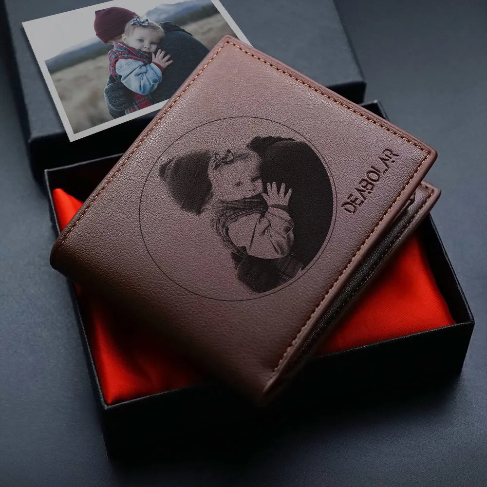 Men's brown leather zip wallet presented in gift packaging