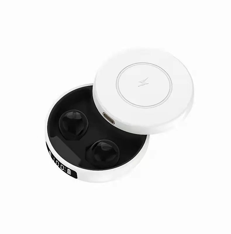 Mini black and white semi-in-ear wireless headphones with a compact charging case.
