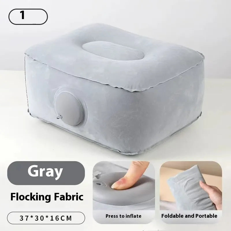 Grey inflatable seat cushion with flocked texture, shown inflated on a chair and deflated for portability.