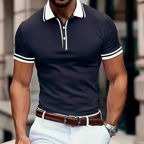Man wearing a loose-fit striped short-sleeved t-shirt in a summer setting.