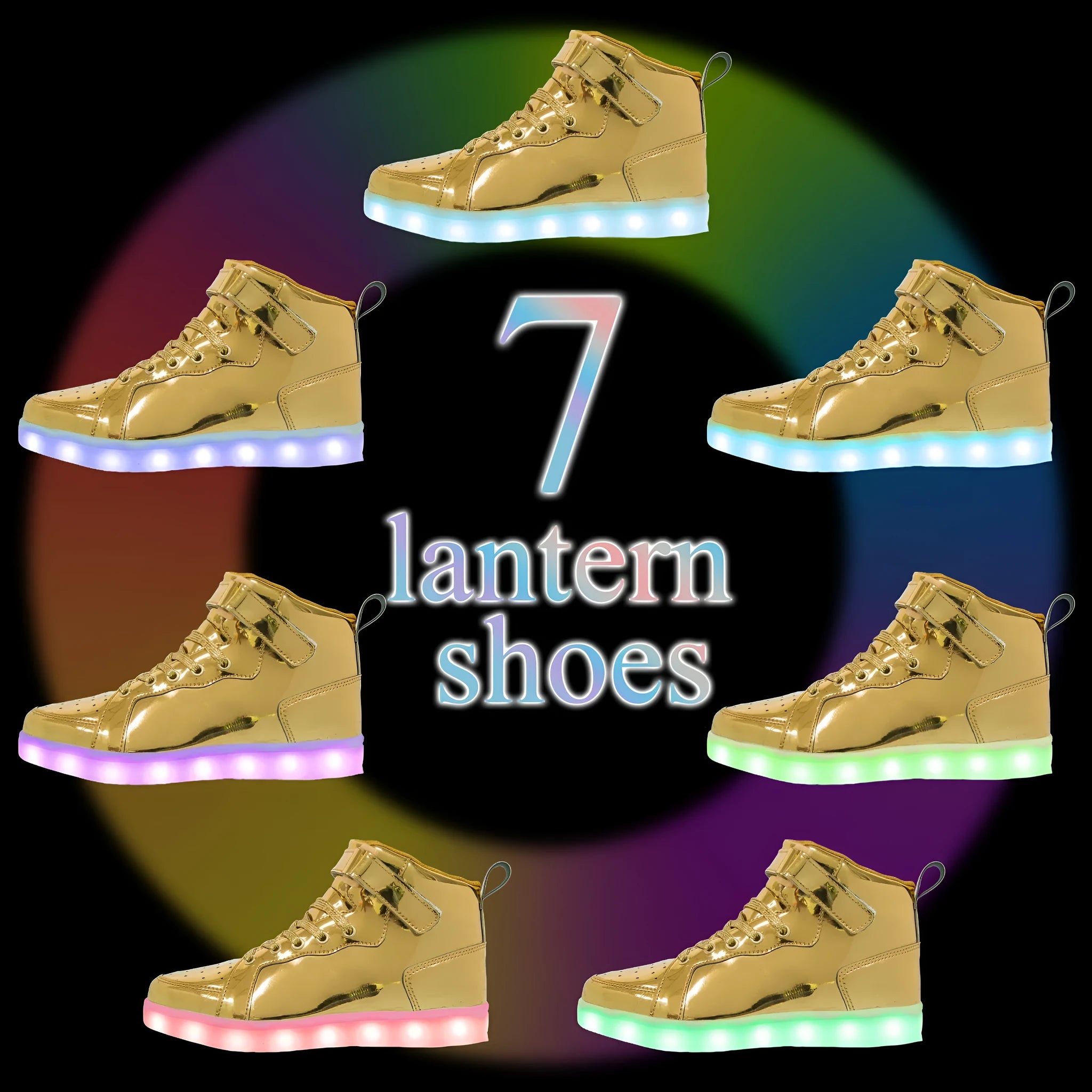 LED high-top sneakers with Velcro strap in black, gold, or white colour on rubber sole.