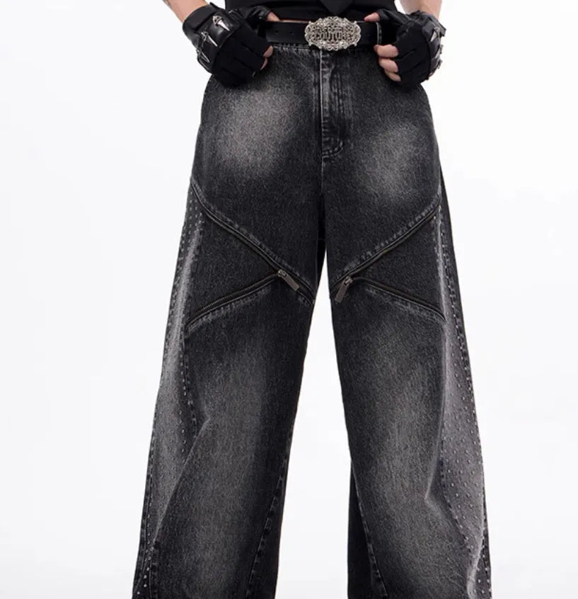 Korean style black and grey washed denim wide leg pants and matching waistcoat co-ord set