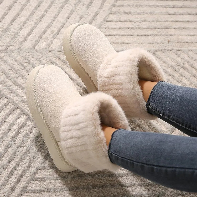 Thick-soled plush snow boots for women with synthetic leather upper and round toe, mid-tube design, in beige