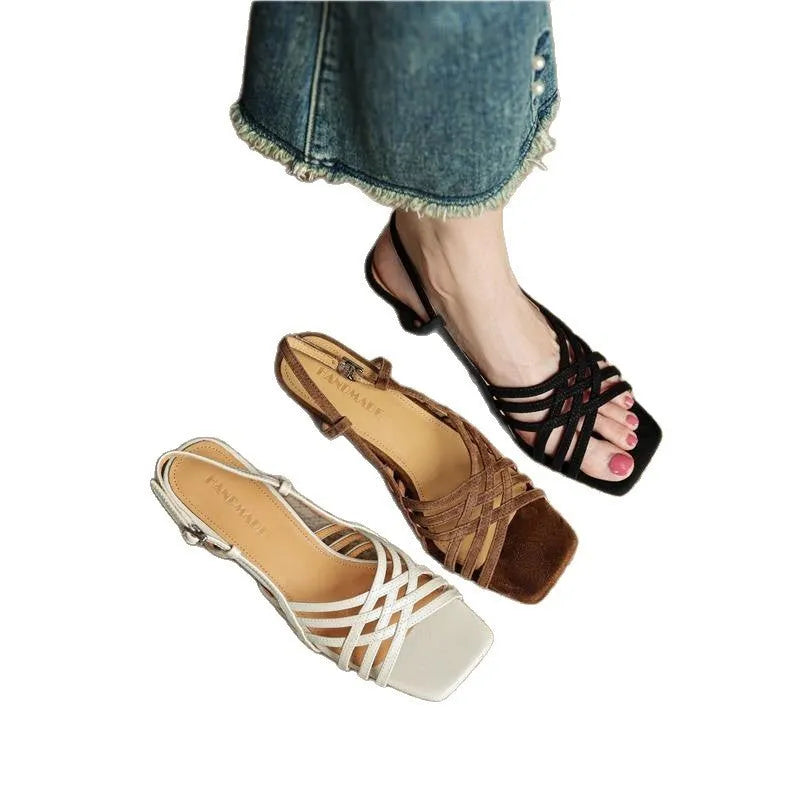 Retro soft leather women's sandals with thin cross straps, square toe, and a mid-height block heel