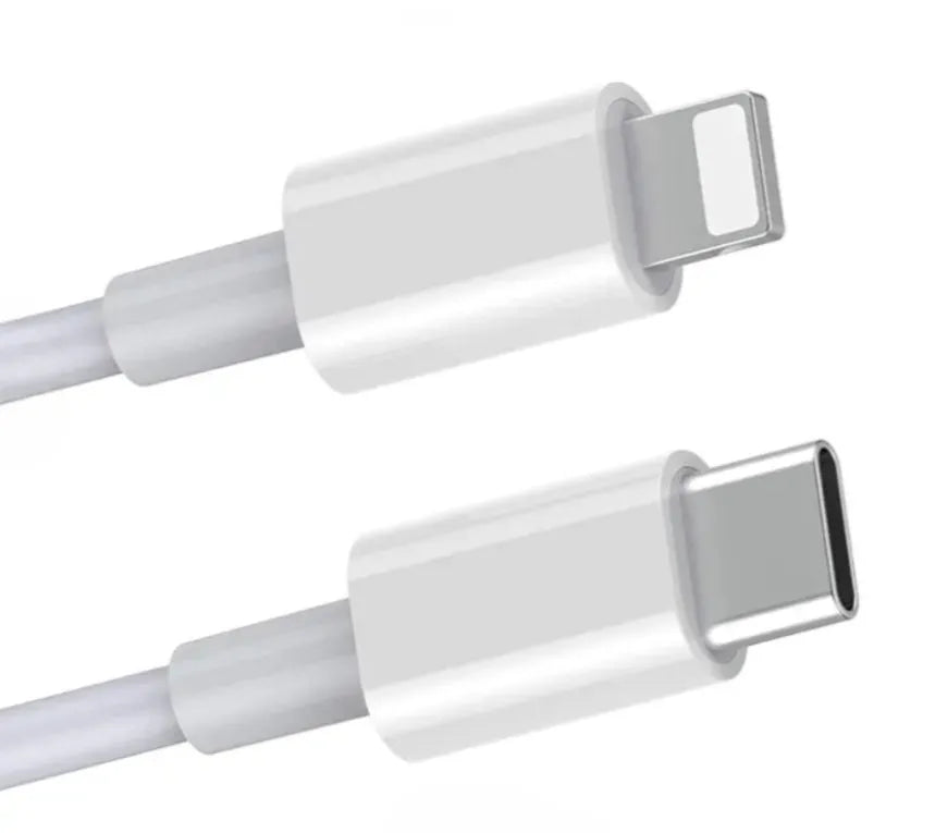 White 20W USB-C PD fast charger with UK plug and a coiled charging cable.