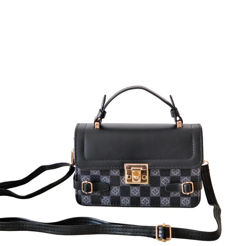 Small square retro crossbody bag in apricot PU leather with stitching and plaid patterns