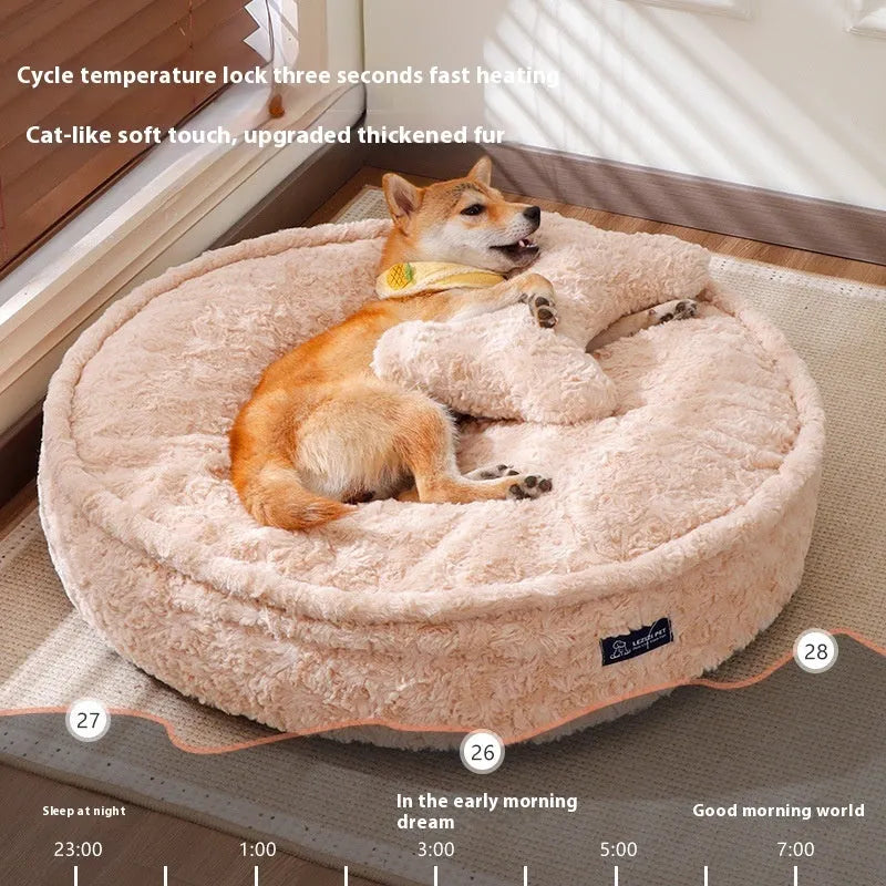 Round nest pet bed with a removable cover in a milk tea colour on a wooden floor
