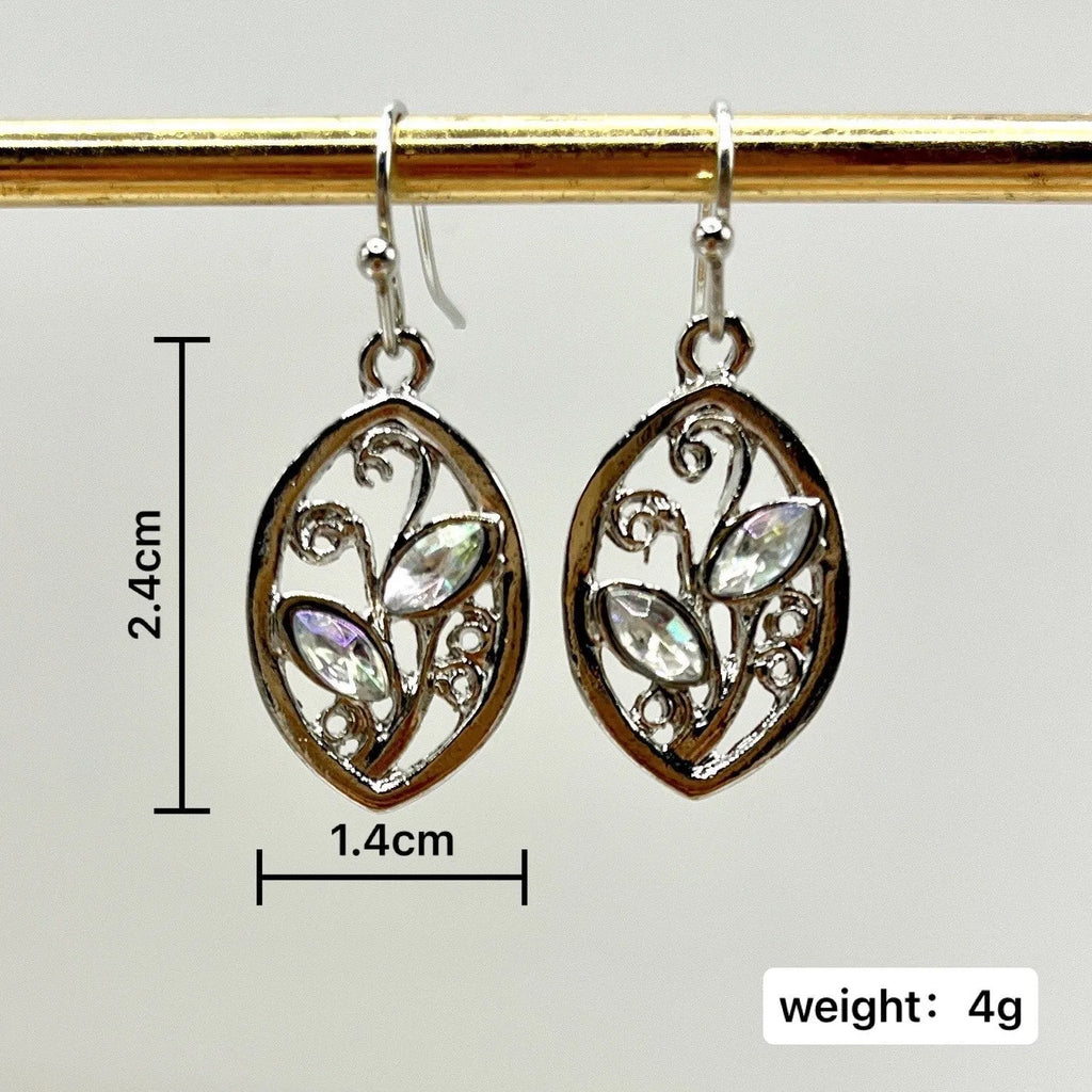 Women's silver alloy leaf earrings with embedded colourful moonstone and diamond treatment