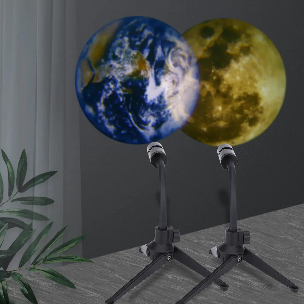 LED projection lamp showing Earth and Moon celestial effects with adjustable 360 degree bracket