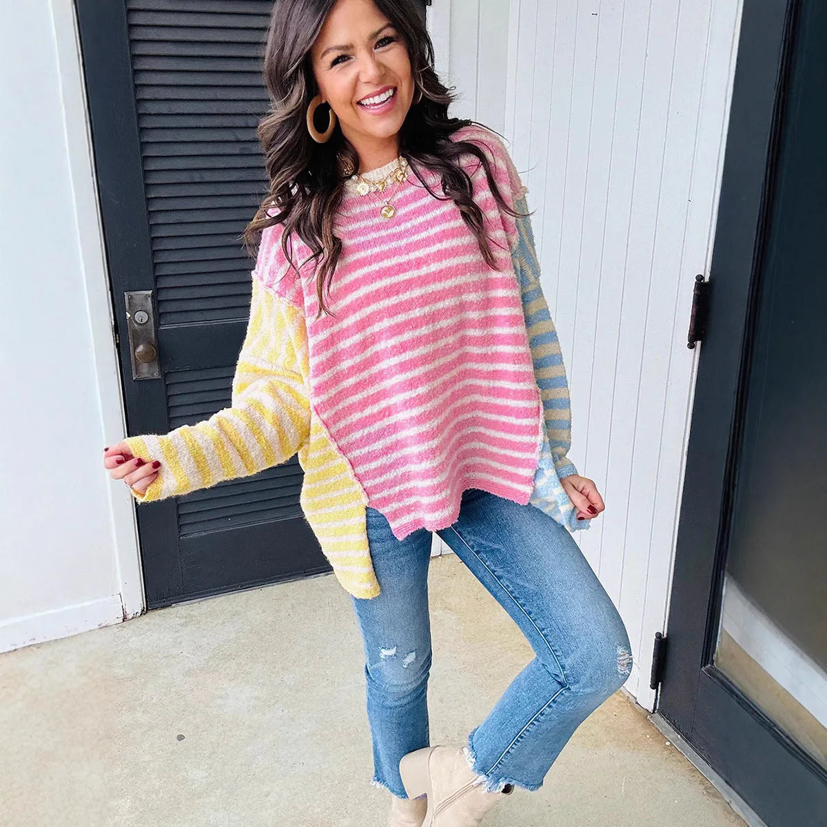 Women's casual striped acrylic long sleeve round neck pullover sweater in LC2726501-P22 colour, front view