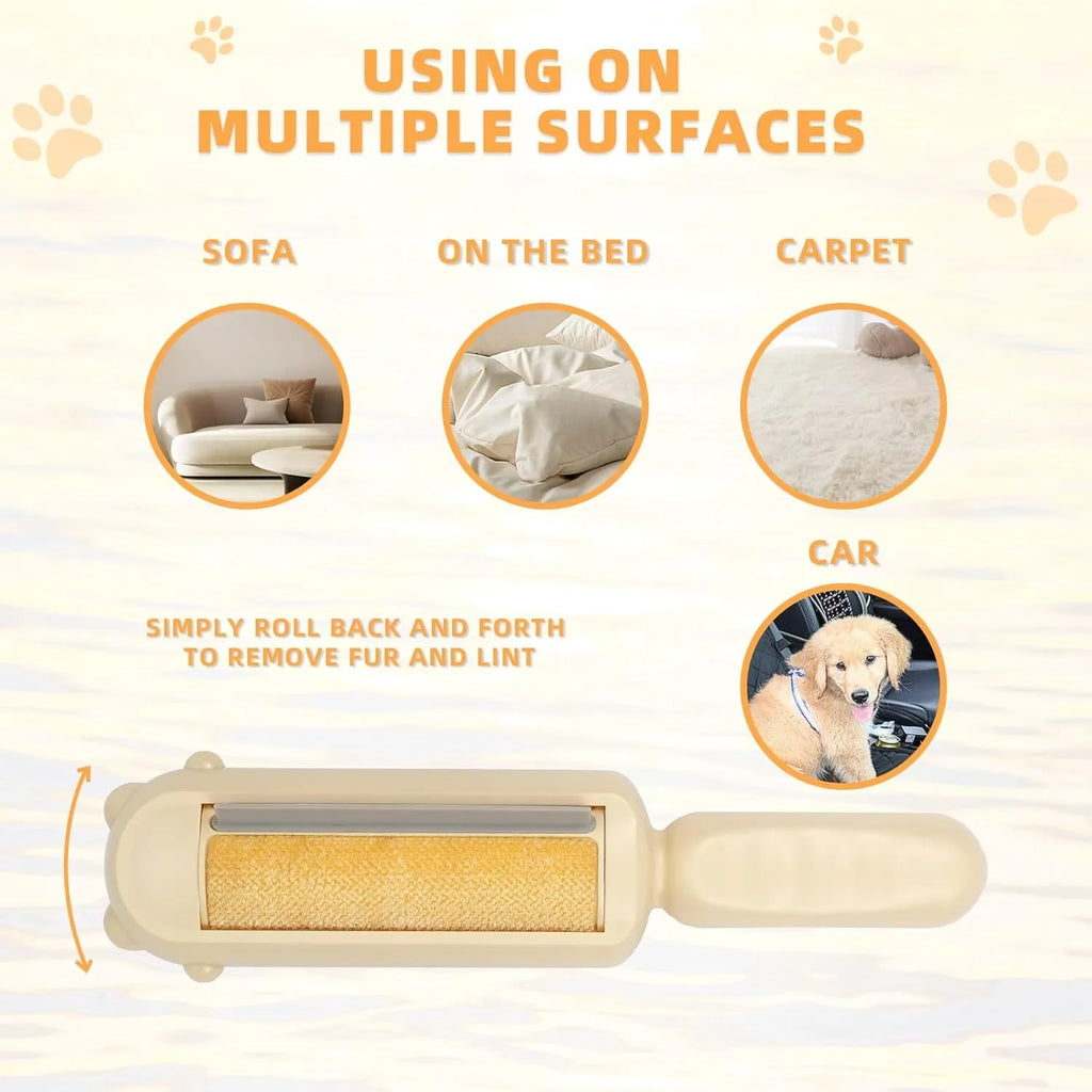 Blue reusable pet hair remover tool with self-cleaning base for furniture and car seats.