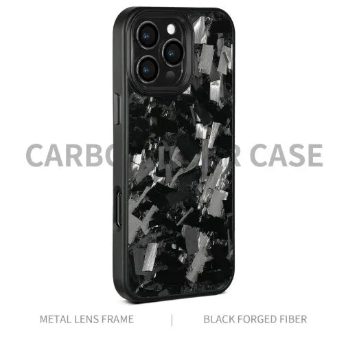 Carbon fibre metal frame shockproof phone case for iPhone 14 15 16 in black with forged grain finish