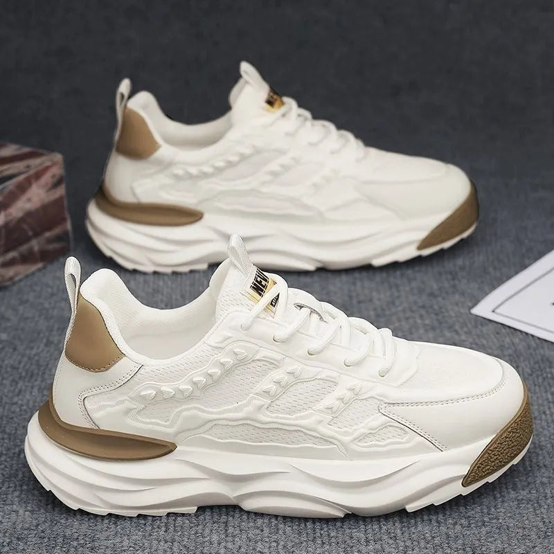 Men's white and black breathable mesh leisure shoes with round toe design