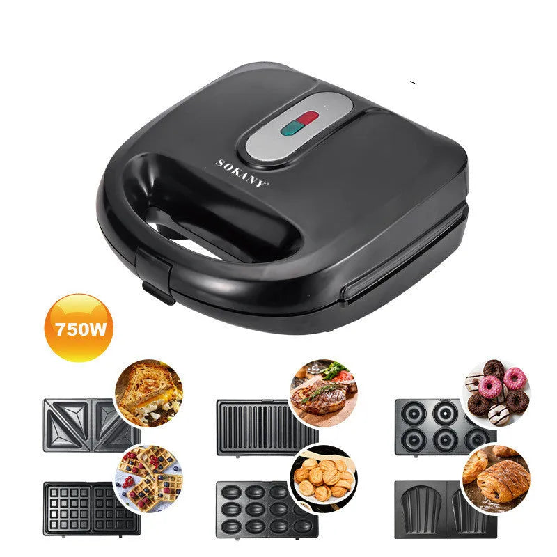 Black electric sandwich pan with double-sided heating, non-stick coating, and six exchangeable pans