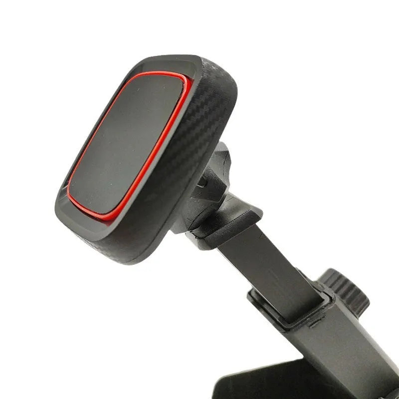 Black universal car phone holder mounted on dashboard air vent with flexible arm extended