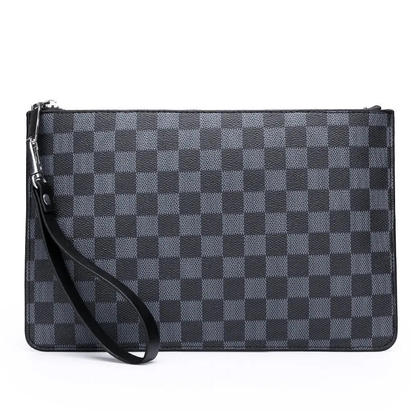 Men's black and brown PU leather clutch wallet showing card slots and zipper pocket