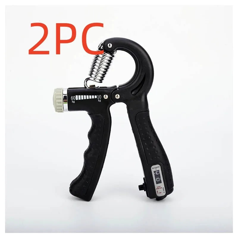 Black adjustable hand grip with mechanical counter, ABS and stainless steel, 16cm by 12cm