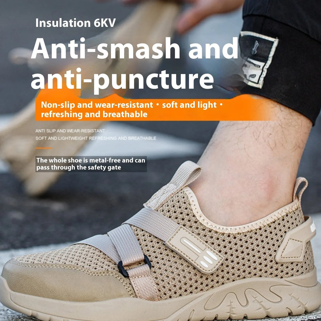 Men's grey anti-smash and anti-puncture insulation safety work shoe with a woven upper and rubber sole.