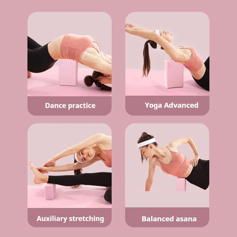 High-density EVA foam yoga block measuring 23x15x7.6cm with twelve grip ridges in solid colour