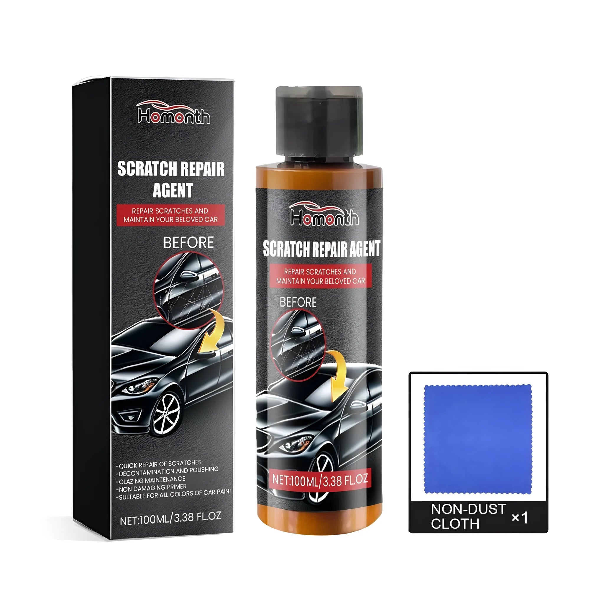 100ml bottle of car scratch repair wax with a square microfibre cloth on a white background.