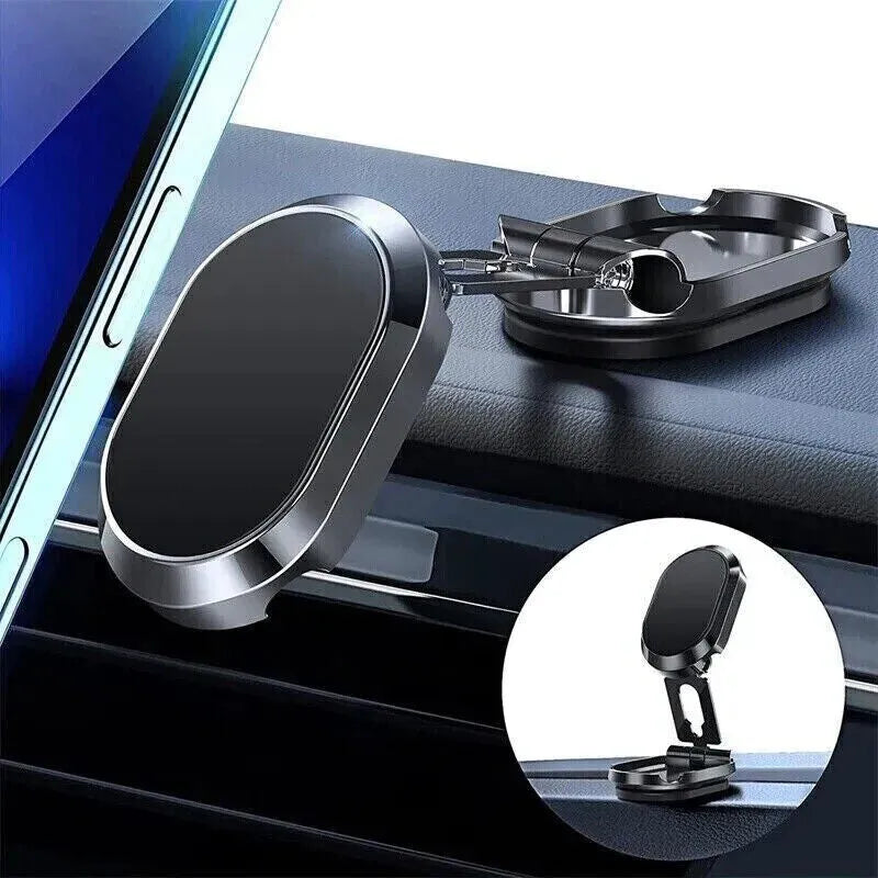 Stainless steel chrome magnetic car phone holder with folded and extended views on a dashboard.