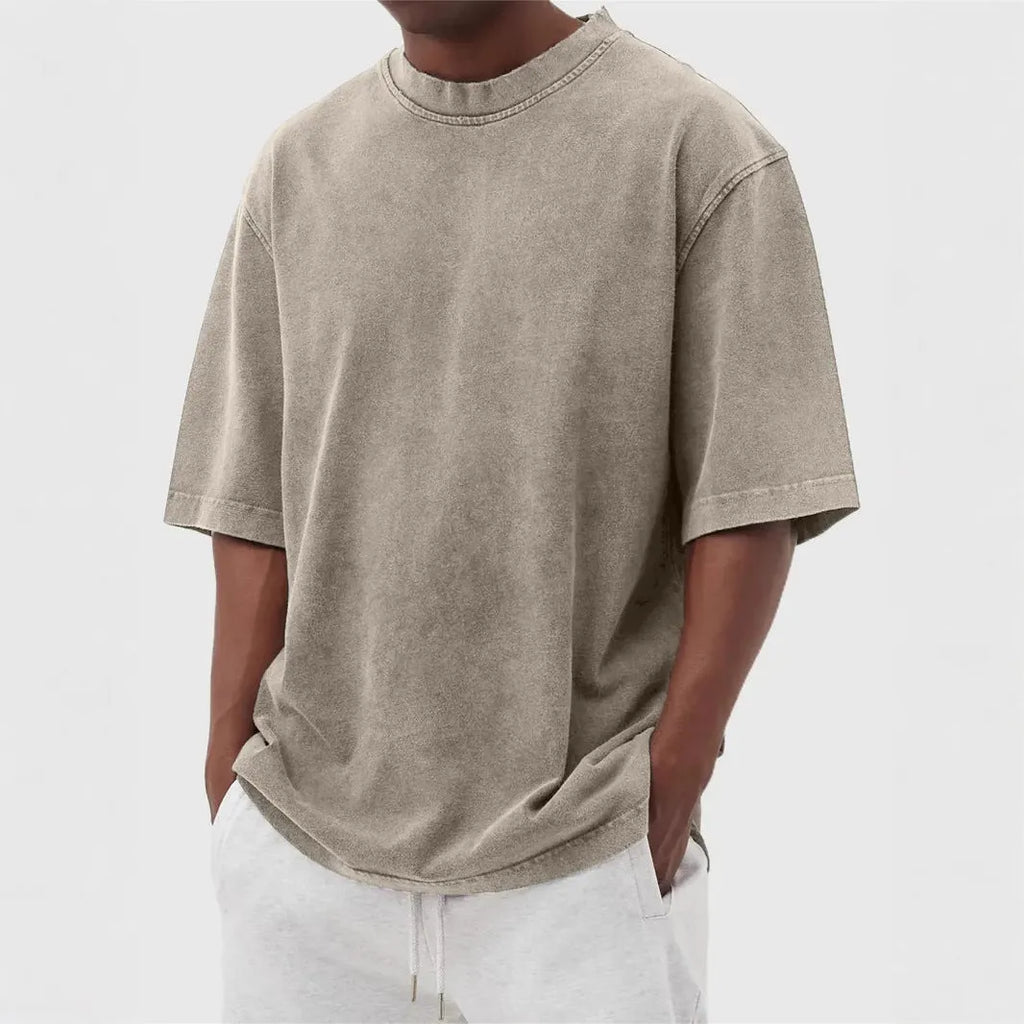 Men's loose fit distressed polyester t-shirt in stone washed solid colours