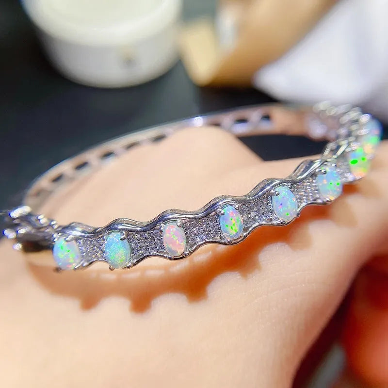 Natural opal bracelet in 925 silver with white gold plating, platinum colour, women's casual style