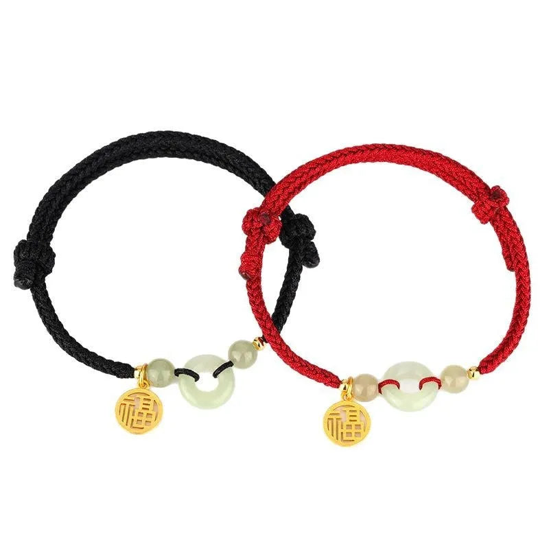 Silver geometric pendant bracelet with Hetian jade peace buckle blessing card design in black or wine red colour