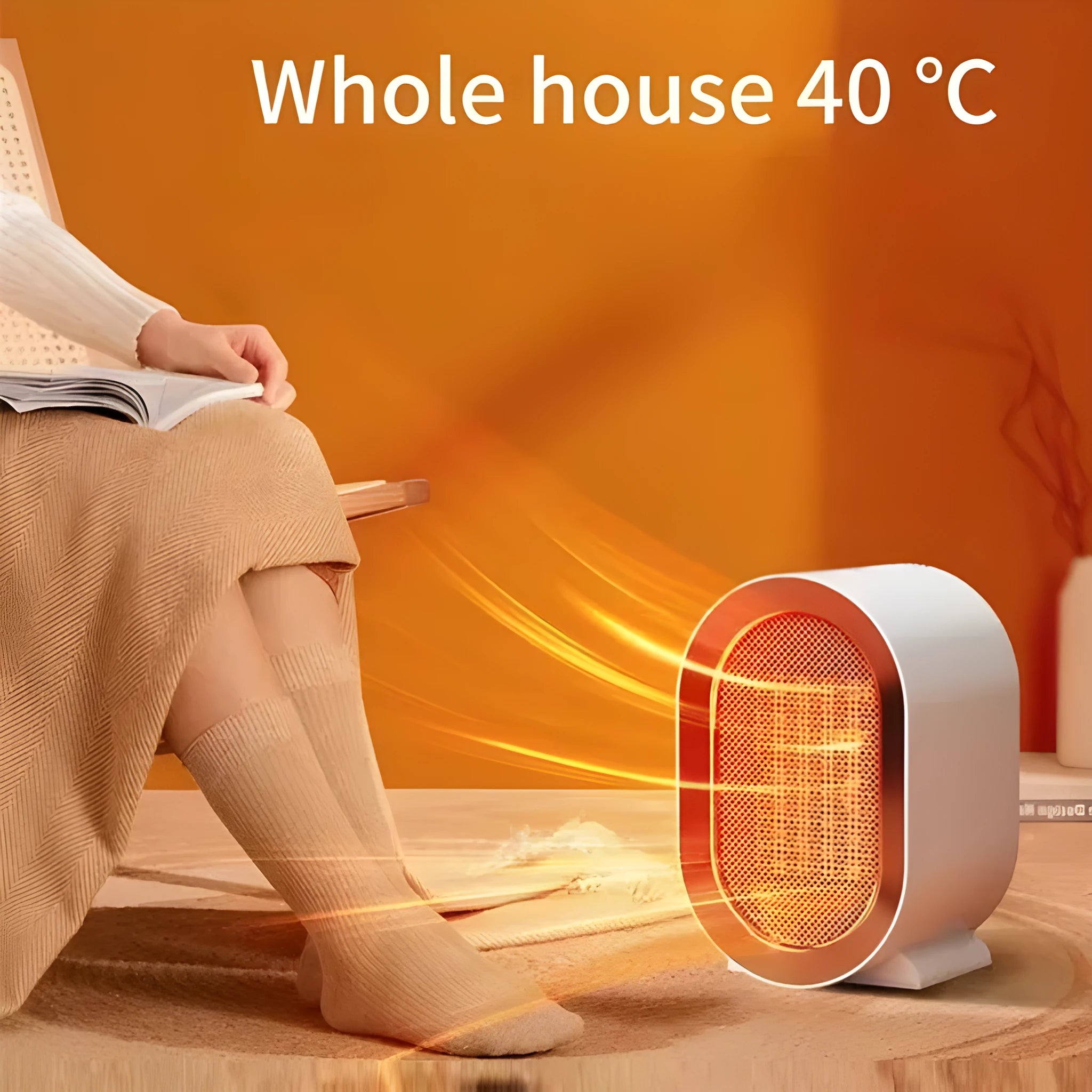 Black desktop electric fan heater with mechanical controls and UK plug on a wooden desk.