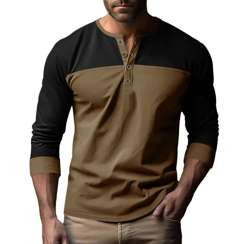 Men's solid colour long-sleeve casual shirt with a henley collar, shown in a brown tone.