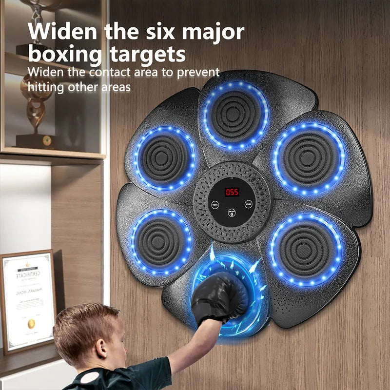 Black smart boxing machine wall target with LED lights and half-finger gloves