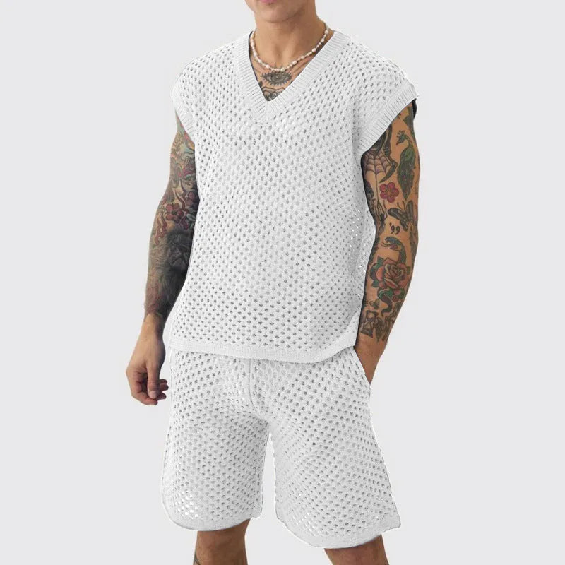Men's blue V-neck vest and matching shorts sports suit set on hanger